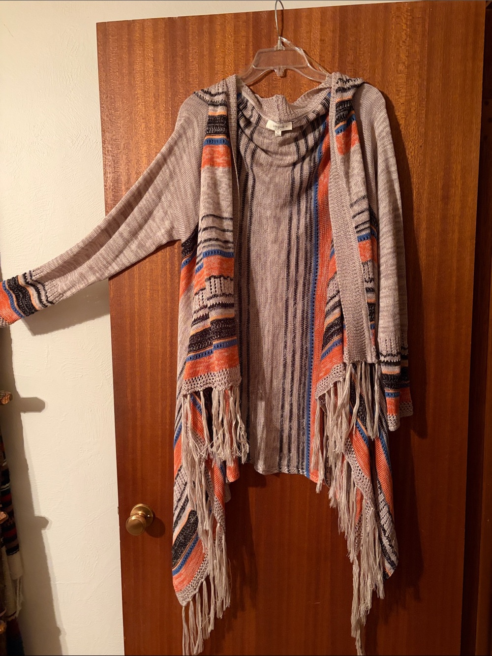Umgee Tan Open-Front Fringe Cardigan with Orange & Blue Stripes